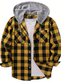 kkboxly  Drawstring Hooded Flannel Shirt, Men's Casual Various Colors Plaid Button Up Shirt For Spring Summer