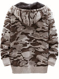 kkboxly Warm Fleece Camouflage Pattern Hooded Jacket, Men's Casual Zipper Pockets Slightly Stretch Sweatshirt Jacket For Fall Winter