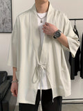 Men's Solid Shirt Top V Neck Loose Middle Sleeves Closure Open Front Coat Male Casual Shirt For Daily Kimono For Men