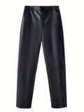 kkboxly  Classic Design Fleece Pu Pants, Men's Casual Straight Leg Solid Color Biker Faux Leather Pants For Fall Winter