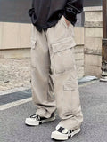 Solid Multi Flap Pockets Men's Straight Leg Cargo Pants, Loose Casual Outdoor Pants, Men's Work Pants Baggy Pants Trendy Streetwear