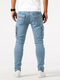 kkboxly Men's Casual Multi Pocket Jeans, Chic Street Style High Stretch Cargo Denim Pants