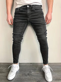 kkboxly  Slim Fit Cotton Jeans, Men's Casual Street Style Solid Color Classic Design Mid Stretch Denim Pants For Spring Summer