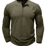 kkboxly  Solid Color Men's All-match Cotton Comfy Long Sleeve Round Neck Henley Shirt, Spring Fall