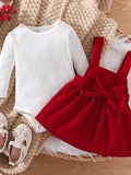 Toddler Baby Girl Spring And Autumn Long-sleeved Triangle Romper Top Bowknot Suspender Skirt Outdoor Set Chrismas 2pcs Outfit