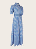 kkboxly  Elegant Striped Lace Up Long Dress, Short Sleeve V-neck Swing Belt Summer Long Dresses, Women's Clothing