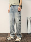 Men's Stylish Vintage Style Loose Denim Pants With Pockets, Casual Breathable Cotton Blend Straight Leg Jeans For Spring Fall