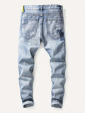 kkboxly  Slim Fit Ripped Cotton Jeans, Men's Casual Street Style Distressed Mid Stretch Denim Pants For Spring Summer