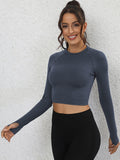 kkboxly  Solid Color Long Sleeve Crop T-Shirt With Thumb Hole,Casual Sports Versatile Running Top, Women's Clothing