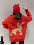 Cozy Red Christmas Elk Pullover Sweater - Teen Girls' Baggy Comfy Long Sleeve Knitted Jumper Tops for Casual Winter Wear - Soft, Warm, and Festive Holiday Gift Idea