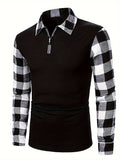 kkboxly  Retro Plaid Shirt, Men's Casual V-Neck Pullover Long Sleeve Rugby Shirt For Winter Fall, Men's Clothing