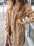 kkboxly  Solid Cable Knit Sweater Dress, Casual High Neck Long Sleeve Dress, Women's Clothing