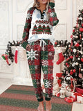 Two-piece Set, Christmas Print Casual Long Sleeve Botton Front Top & Fitted Bottom Pants Outfits, Women's Clothing