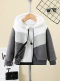 kkboxly Kid's Fuzzy Fleece Hooded Jacket, Color Clash Warm Zipper Coat, Boy's Clothes For Spring Fall Outdoor