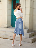 Irregular Raw Hem Ripped Distressed Denim Skirt, Washed Blue Slash Pocket Zipper Button Closure Straight Streetwear Denim Skirt, Women's Denim Jeans & Clothing