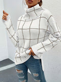 kkboxly  Plaid Pattern Turtleneck Knitted Pullover Top, Casual Long Sleeve Sweater For Fall & Winter, Women's Clothing