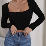 Solid Square Neck T-shirt, Casual Long Sleeve Crop Slim Top, Women's Clothing