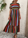 kkboxly  Colorblock Stripe Print Dress, Casual Short Sleeve Ruffles Hem Dress For Spring & Summer, Women's Clothing