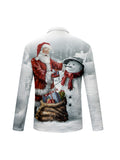 kkboxly  Santa Claus And Snowman Anime Graphic Print Men's Novelty Long Sleeve Zipper Lapel Shirt For Spring Fall, Christmas Gift