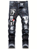 kkboxly  Patch Splatter Ripped Jeans, Men's Casual Street Style Distressed Slim Fit High Stretch Denim Pants For Spring Summer