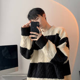 kkboxly  Turtle Neck Knitted Sweater, Men's Casual Loose Fit Warm Color Block High Stretch Pullover Sweater For Spring Fall