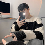 kkboxly  Turtle Neck Knitted Sweater, Men's Casual Loose Fit Warm Color Block High Stretch Pullover Sweater For Spring Fall