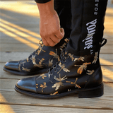 kkboxly kkboxly Men British Style Cap Toe Splicing Dragonflies Printed Cloth Ankle Jack Boots