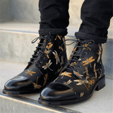 kkboxly Men British Style Cap Toe Splicing Dragonflies Printed Cloth Ankle Jack Boots